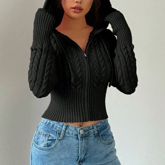 Black Casual Women's Front Zipper Long Sleeve Hooded Sweatshirt - Picture 5 of 5